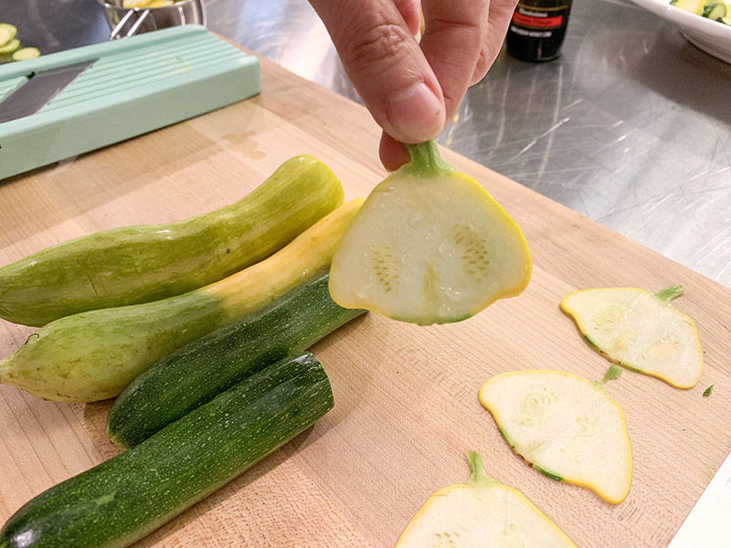 Summer squash salad with sweet onions, olive oil and two vinegars